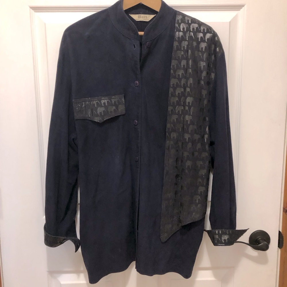 Bart by Sibylle Lin Vintage Suede Navy Long Sleeve Shirt with Elephant Accents